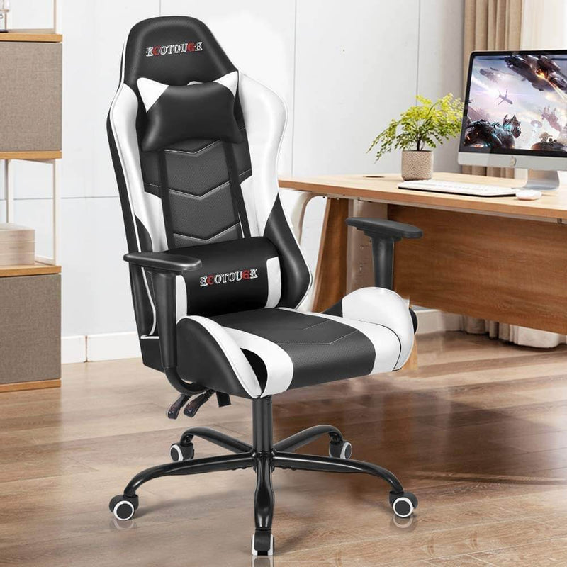 Gaming Chair Massage Ergonomic Office Chair High Back Computer Chair Racing PU Leather Recliner with Headrest & Lumbar Pillow, Black & White