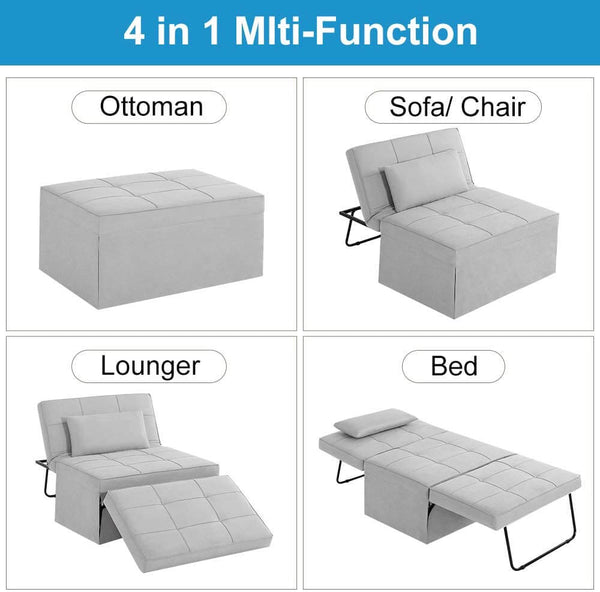 Folding Ottoman Sleeper Guest Bed, 4 in 1 Multi-Function Adjustable Guest Sofa Chair Sofa Bed with Pillow, Light Gray