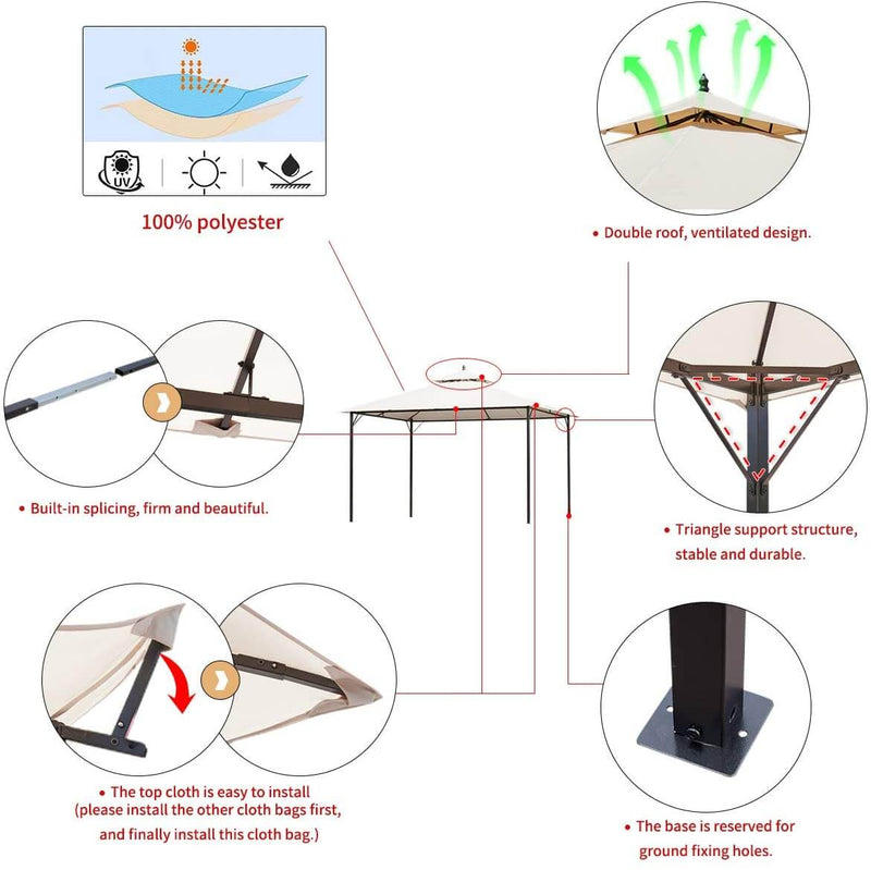 10 x 12 FT Double-Roof Softtop Gazebo Canopy, Outdoor Steel Frame Gazebo Tent for Patio or Deck, Cream
