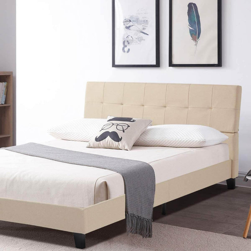 Platform Bed Frame, Queen Size Linen Fabric Bed Frame with Wood Slats Support, Upholstered Platform Bed Mattress Foundation,Easy Assembly (Queen Size/Beige)