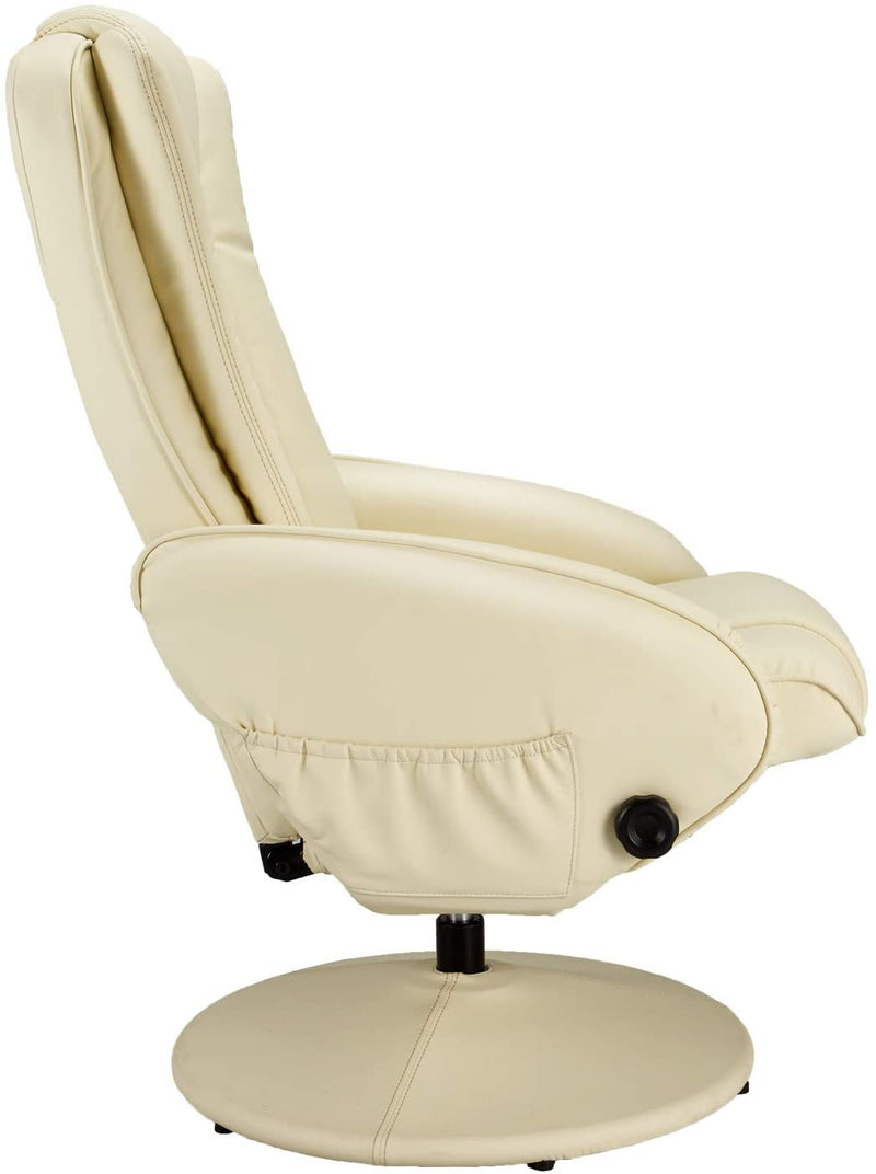 Recliner Chair and Ottoman, 360 Degrees Swivel Ergonomic Faux Leather Lounge Recliner with Footrest, Vibration Massage Lounge Chair with Side Pocket, Cream White