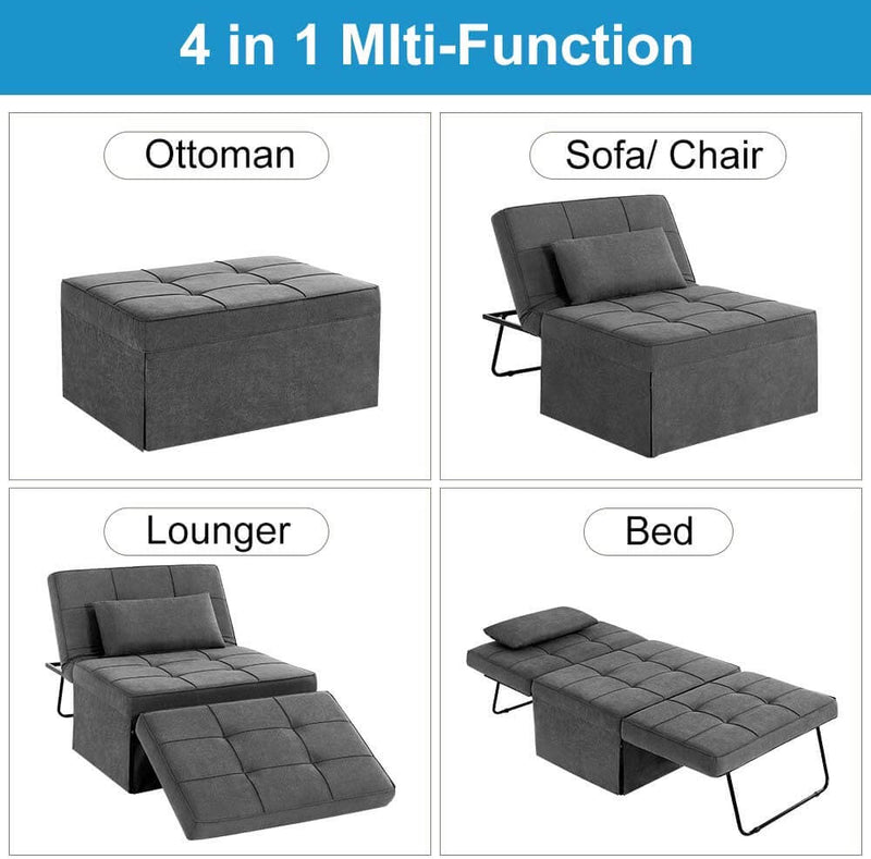Folding Ottoman Sleeper Guest Bed, 4 in 1 Multi-Function Adjustable Guest Sofa Chair Sofa Bed with Pillow, Dark Gray