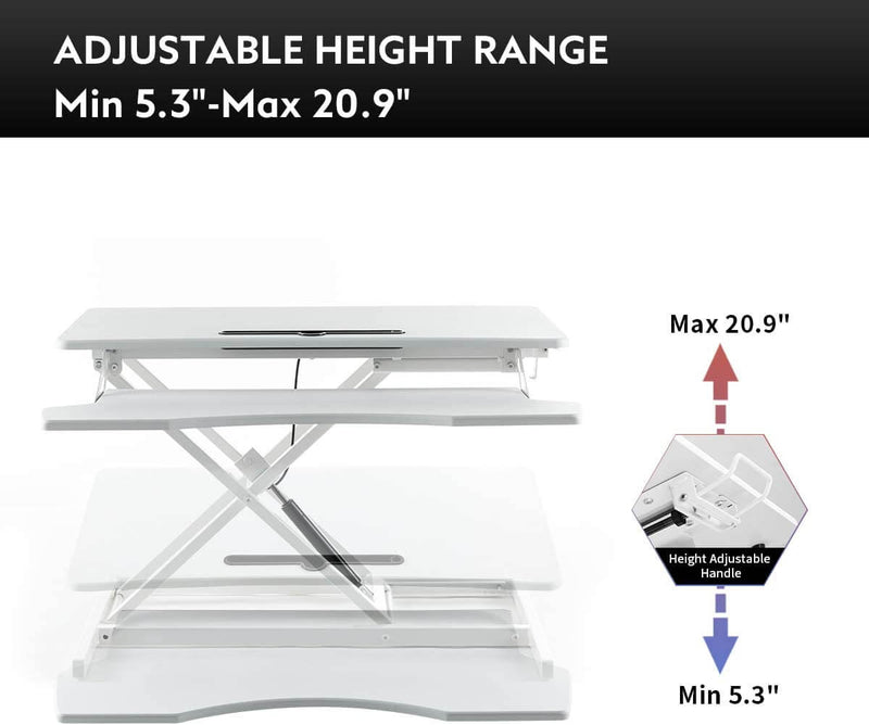 Stand Up Desk Converter 32 Inches Standing Desk Riser, Height Adjustable Home Office Desk with Deep Keyboard Tray for Laptop, White
