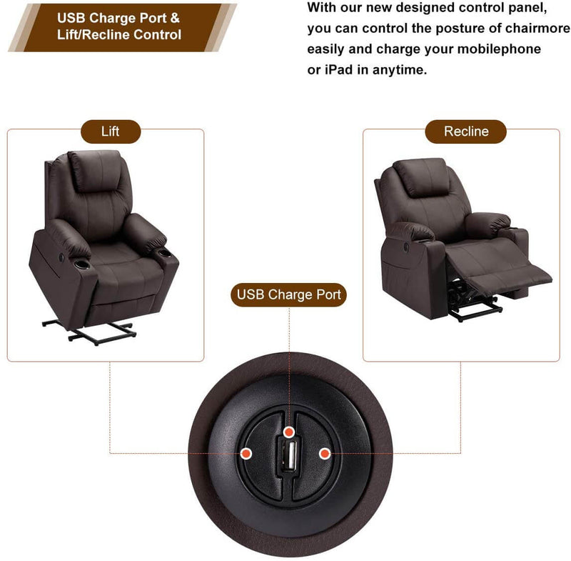 Electric Power Recliner Lift Chair Faux Leather Electric Recliner for Elderly, Heated Vibration Massage Sofa with Side Pockets, USB Charge Port & Remote Control, Dark Brown