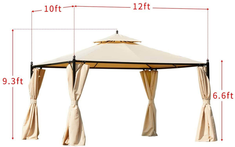 10 x 12 FT Double-Roof Softtop Gazebo Canopy, Outdoor Steel Frame Gazebo with Shade Curtains, Beige