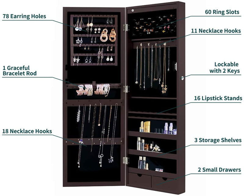 Wall Jewelry Armoire, Jewelry Cabinet with Full Length Mirror, 3 Different Brightness LED Light & Lockable Design, Brown