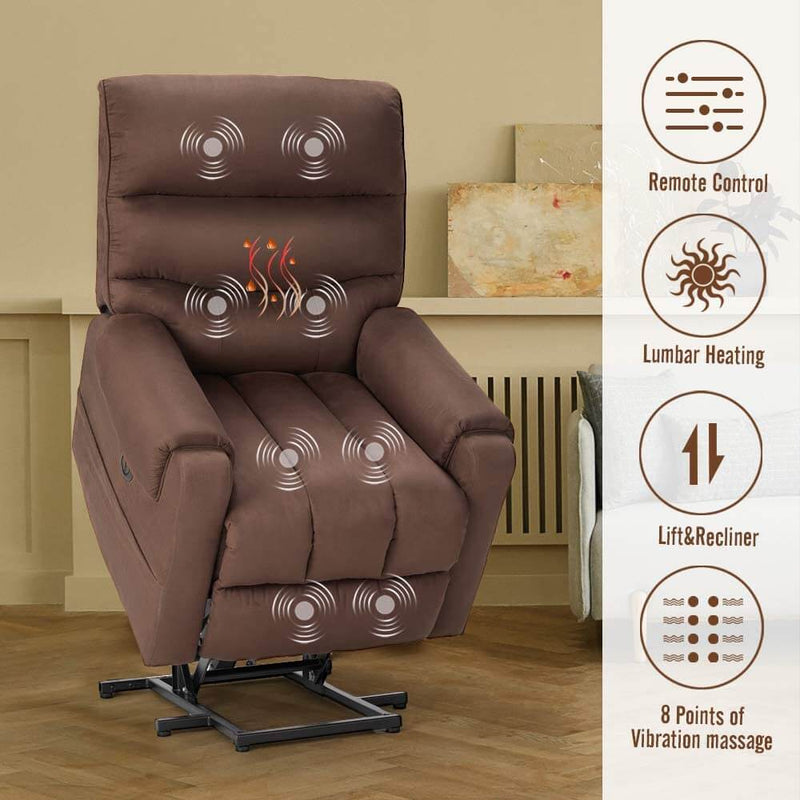 Electric Power Lift Recliner Chair Recliner Sofa for Elderly, Microfiber Recliner Chair with Heated Vibration Massage, 2 Side Pockets and USB Ports, Brown