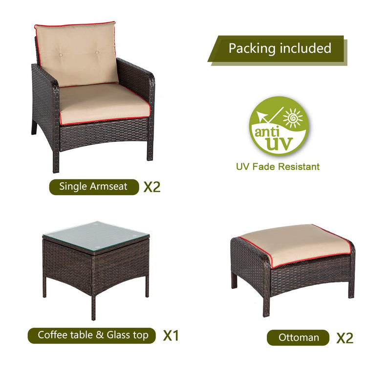5 Pcs Patio Furniture Set Outdoor Chair and Ottoman Set with Cushions & Side Table PE Wicker Rattan