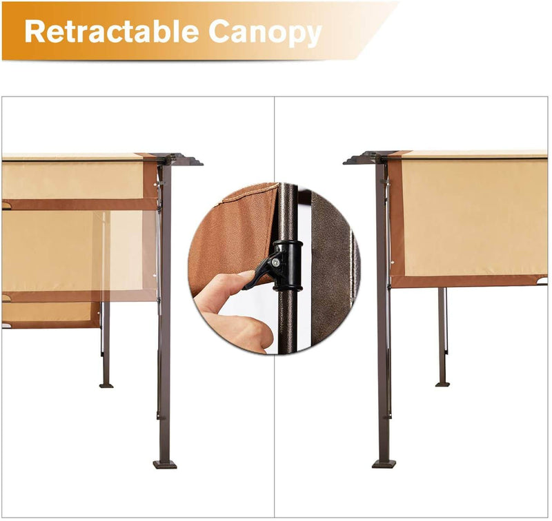 Outdoor Steel Pergola with Retractable Canopy Sun Shades for BBQ, Party, Beach