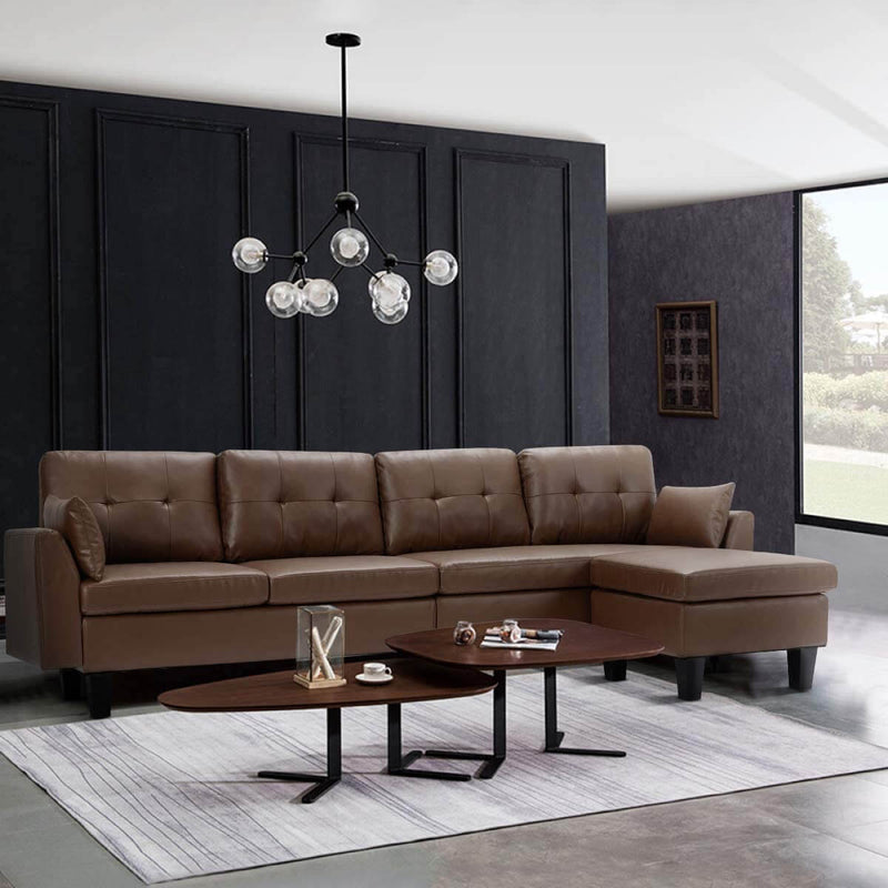 4-Seat Sectional Sofa Convertible Couch Brown Faux Leather Reversible L-Shape Couch for Living Room, Living Room Furniture Sets with Chaise Lounge for Apartment