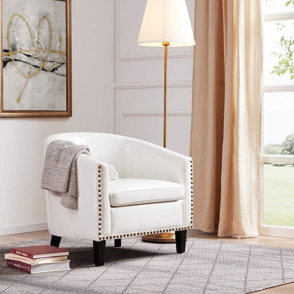 Modern Tub Barrel Accent Chair Upholstered Faux Leather with Nail Head, White