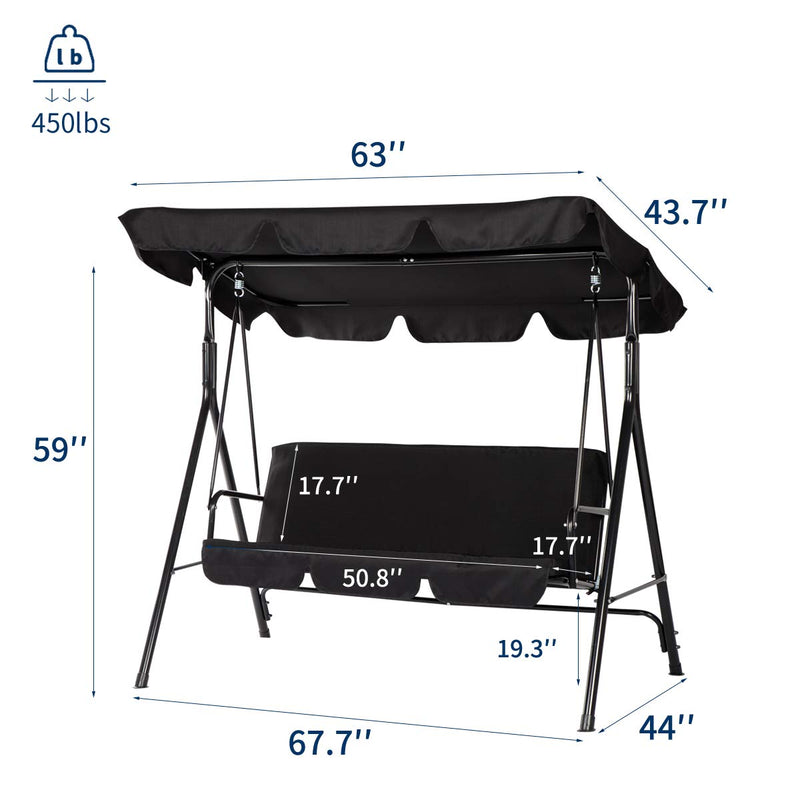 Patio Swing Chair Outdoor Porch Swings with 3 Removable Cushion Seats, Black