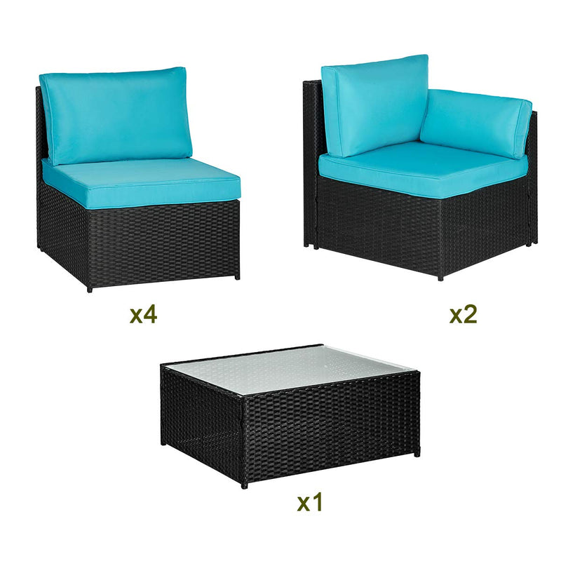 7 Pcs Outdoor Sectional Rattan Furniture Set, Patio Conversation Sets Wicker Sofa Set with Blue Cushion