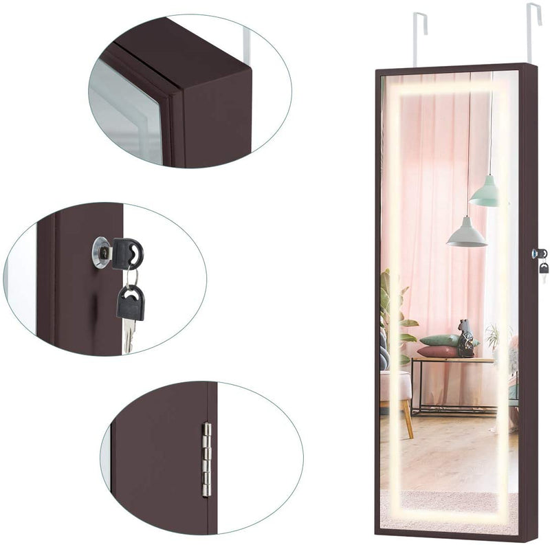 Wall Jewelry Armoire, Jewelry Cabinet with Full Length Mirror, 3 Different Brightness LED Light & Lockable Design, Brown