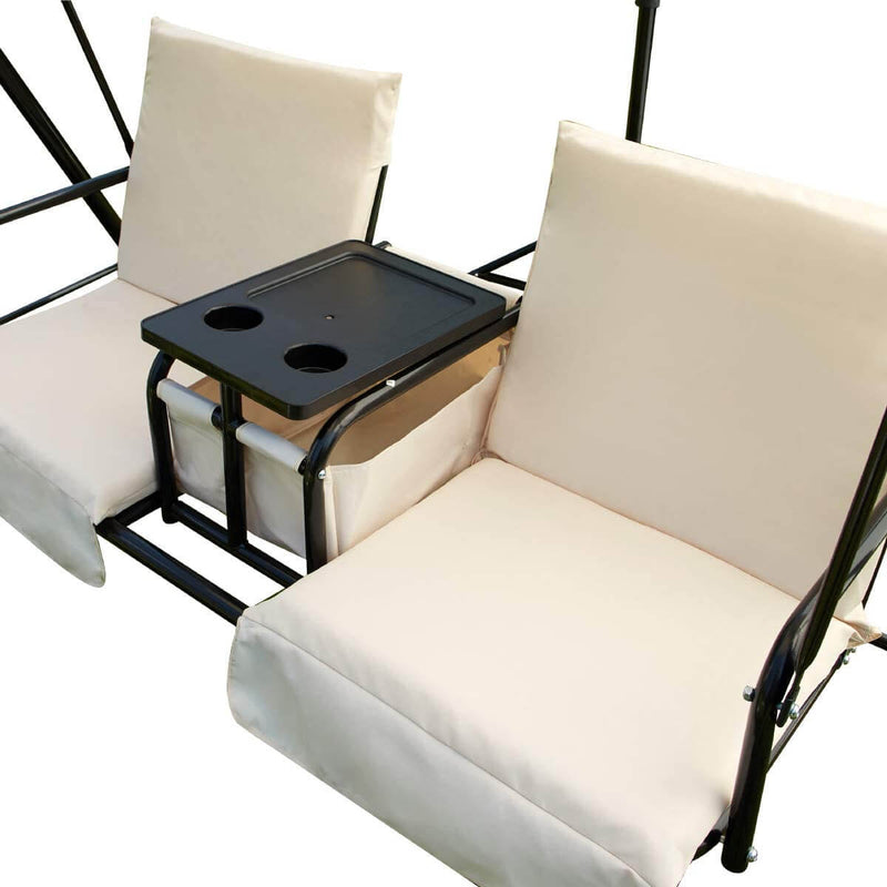 2 Person Patio Porch Swing Outdoor Swing Chair with Adjustable Tilt Canopy, Table and Storage Console, Beige