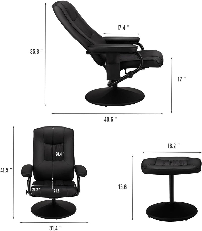 Recliner Chair and Ottoman, 360 Degrees Swivel Ergonomic Faux Leather Lounge Recliner with Footrest, Vibration Massage Lounge Chair with Side Pocket, Black