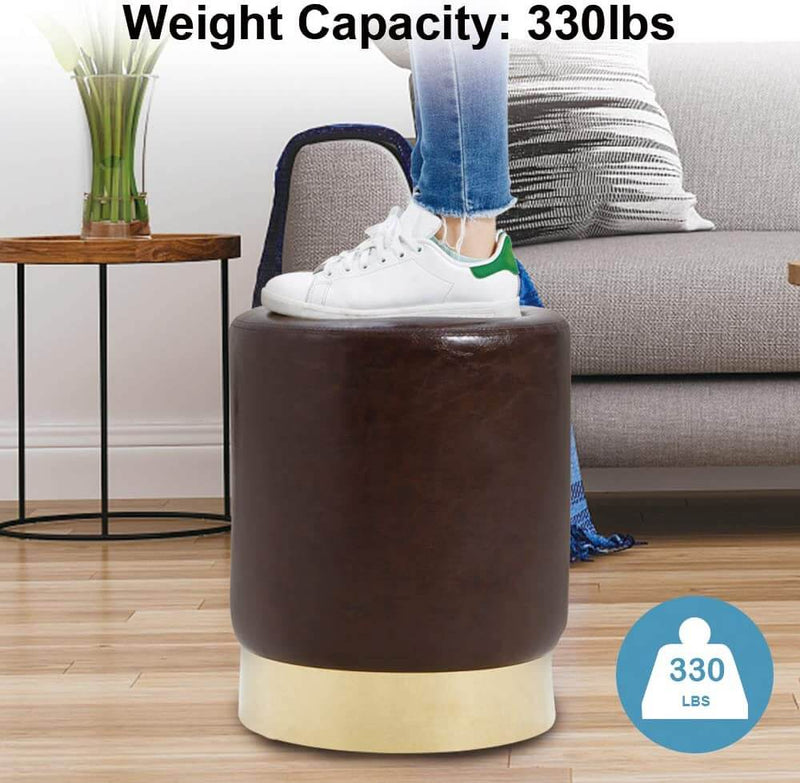 Round PU Leather Ottoman Foot Stool Footrest, Soft Compact Padded Stool, Living Room Bedroom Decorative Furniture, Brown