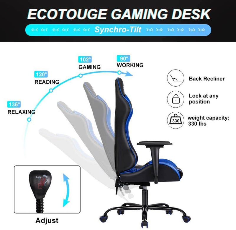 Gaming Chair Massage Ergonomic Office Chair High Back Computer Chair Racing PU Leather Recliner with Headrest & Lumbar Pillow, Black & Blue