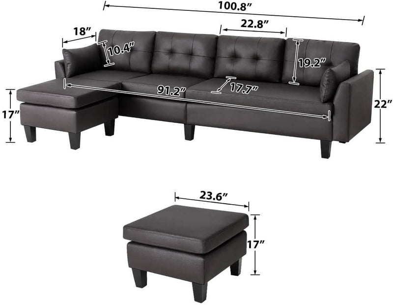 4-Seat Sectional Sofa Convertible Couch Black Reversible L-Shape Couch for Living Room, Living Room Furniture Sets with Chaise Lounge for (Black Coffee)