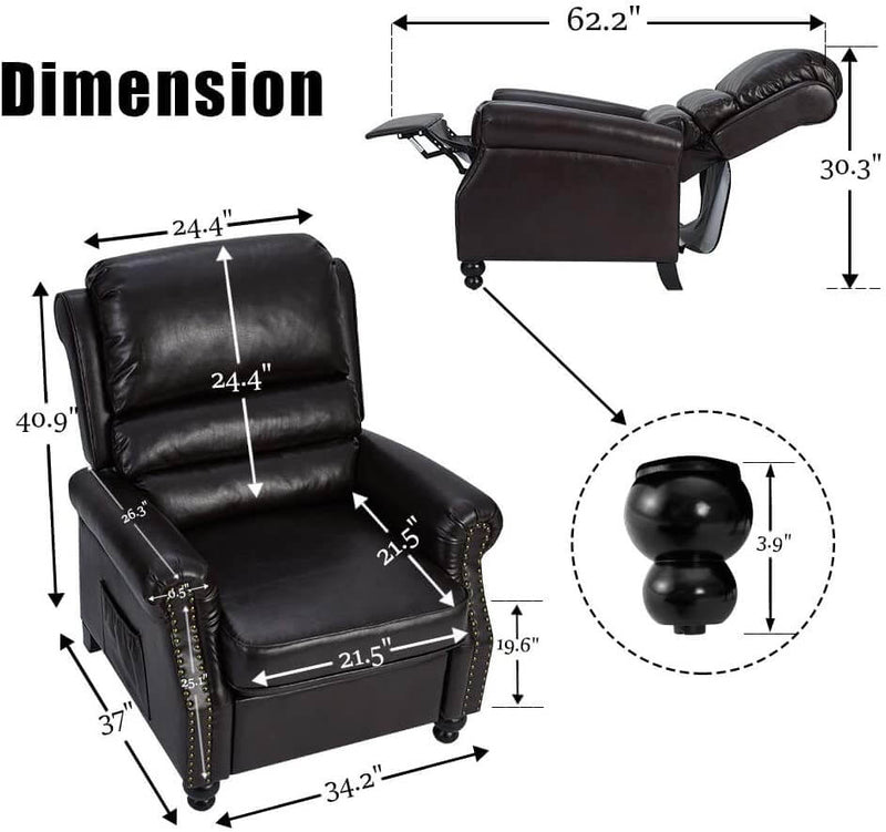 Massage Recliner Chair, Arm Chair Push Back Recliner with Rivet Decoration, PU Leather Power Recliner Chair with 6 Point Massage and Heat (Brown)