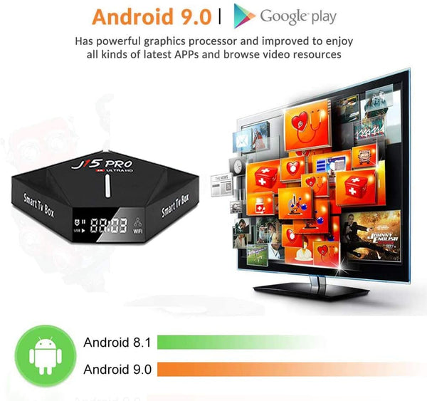 Dnyker Android 9.0 TV Box, Quad-core Cortex-A53 CPU 4GB RAM 64GB ROM 2.4GHz/5GHz Dual Band WiFi 4K Ultra HD Resolution Bluetooth 4.0 Streaming Media Player