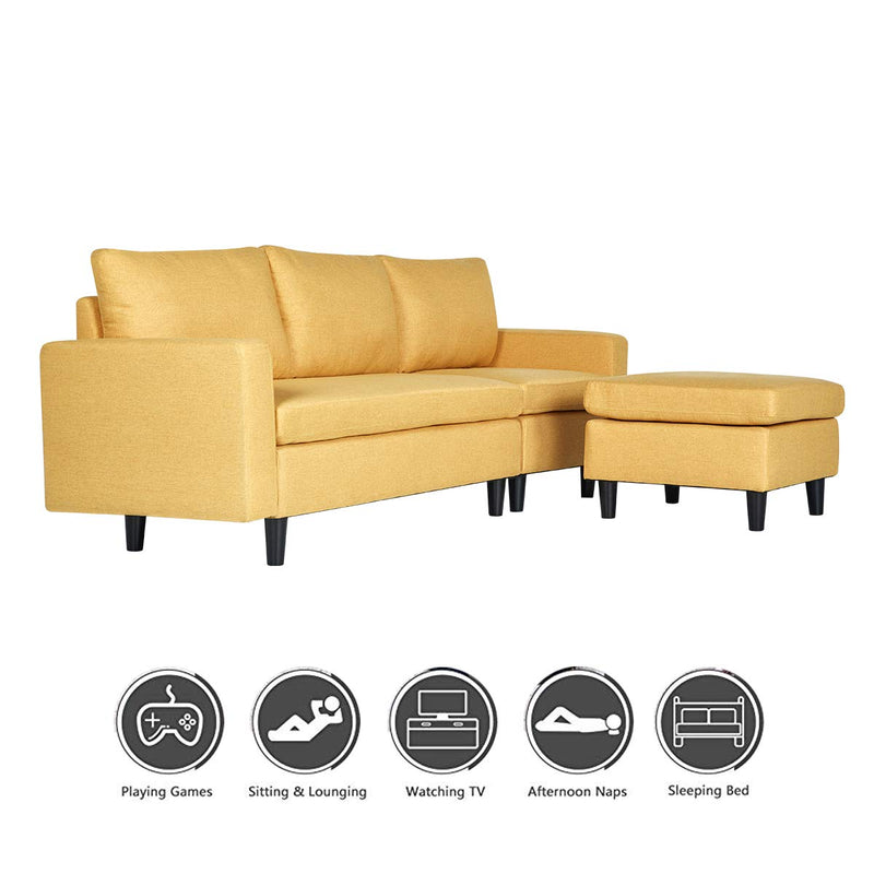 Convertible L-Shaped Sectional Sofa Couch with Modern Linen Fabric Yellow