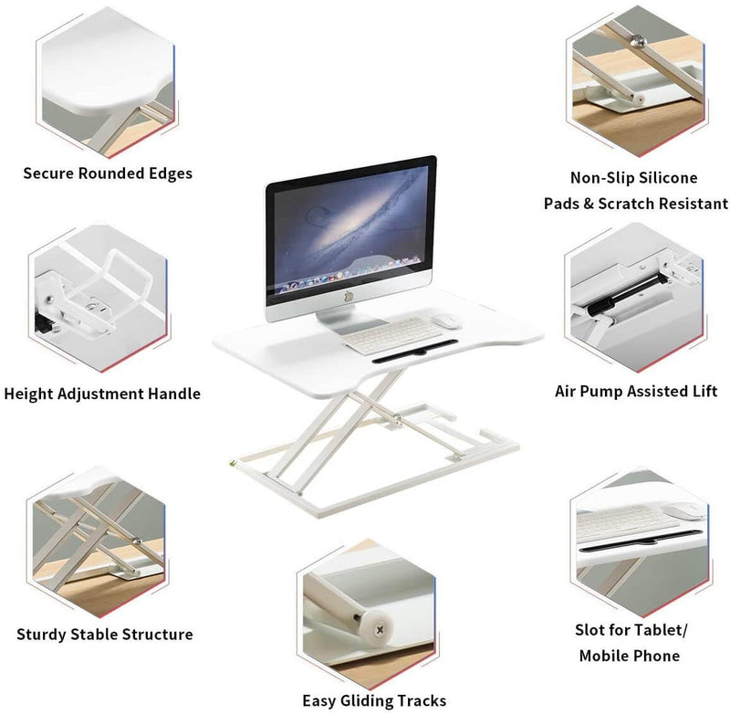 Height Adjustable Standing Desk Gas Spring Riser Desk Converter for Dual Monitor Sit to Stand in Seconds, White