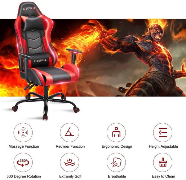 Gaming Chair Massage Ergonomic Office Chair High Back Computer Chair Racing PU Leather Recliner with Headrest & Lumbar Pillow, Black & Red