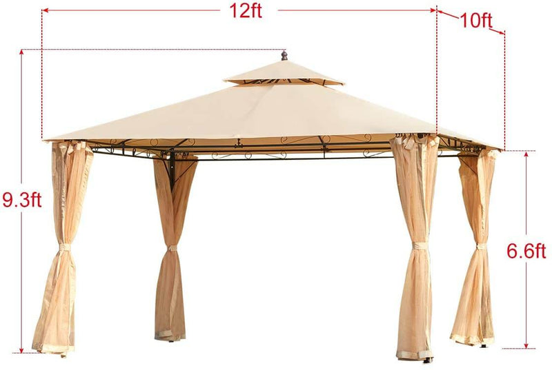 10 x 12 FT Double-Roof Softtop Gazebo Canopy, Outdoor Steel Frame Gazebo with Mosquito Netting, Beige