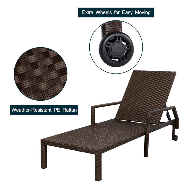 Adjustable Outdoor Chaise Lounge Chair Rattan Wicker Patio Lounge Chair with Cushion and Wheels,Brown