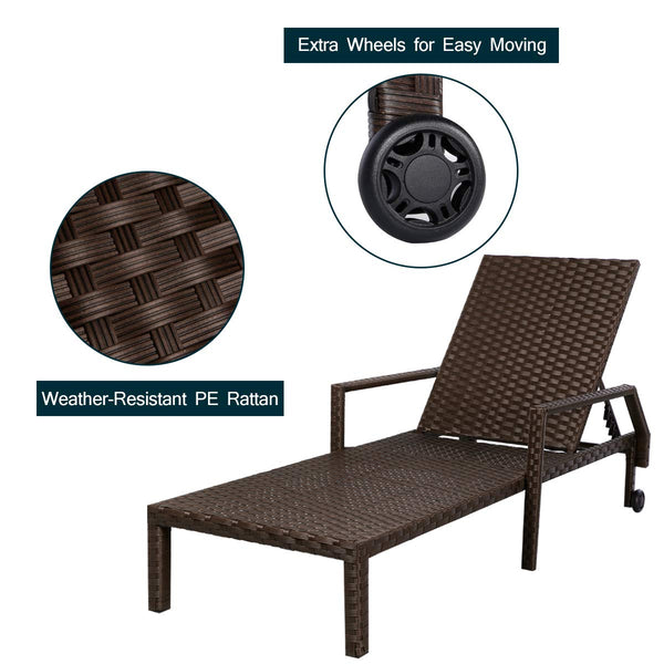 Adjustable Outdoor Chaise Lounge Chair Rattan Wicker Patio Lounge Chair Set of 2 with Cushion and Wheels,Brown