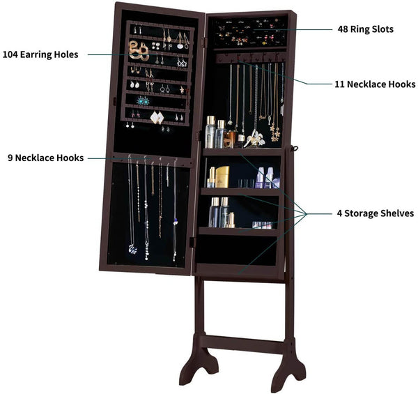 Floor Standing Jewelry Armoire, Angle Adjustable Jewelry Organizer, Dressing Mirror Jewelry Cabinet with Full Length Mirror, Brown