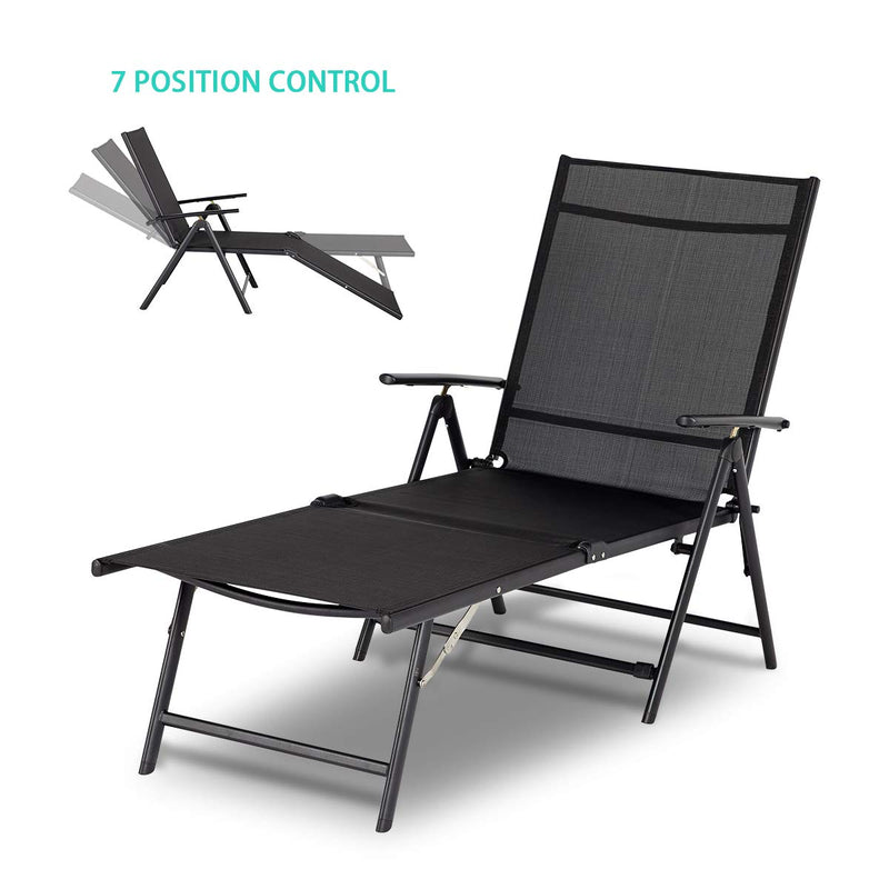 Outdoor Folding Textiline Reclining Chaise Lounge Chair Adjustable Positions (Black)