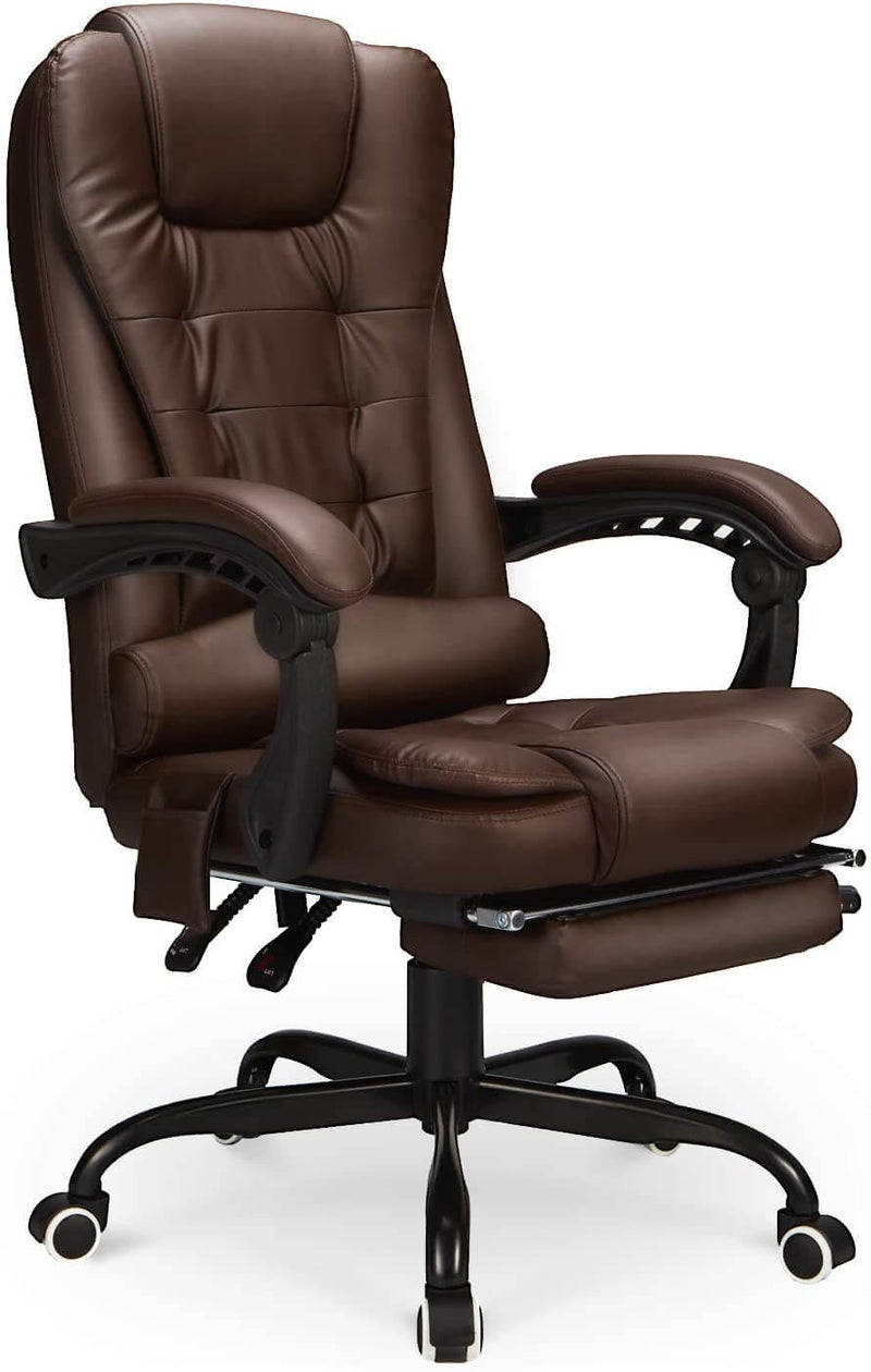 Reclining Leather Office Chair with Retracable Footrest, Ergonomic High Back Executive Adjustable Office Chair (Brown)
