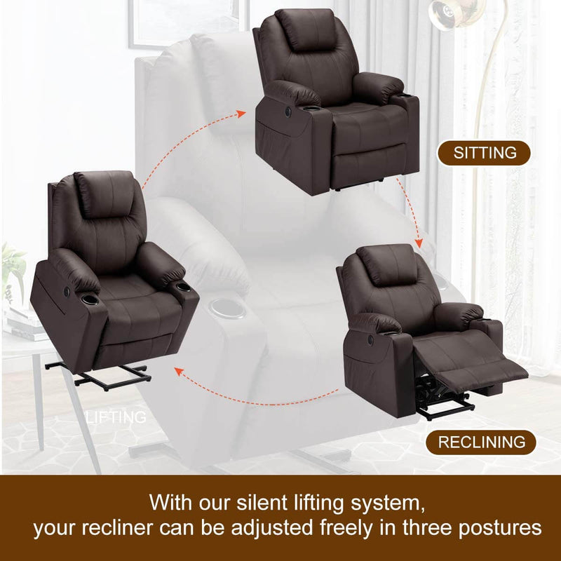 Electric Power Recliner Lift Chair Faux Leather Electric Recliner for Elderly, Heated Vibration Massage Sofa with Side Pockets, USB Charge Port & Remote Control, Dark Brown