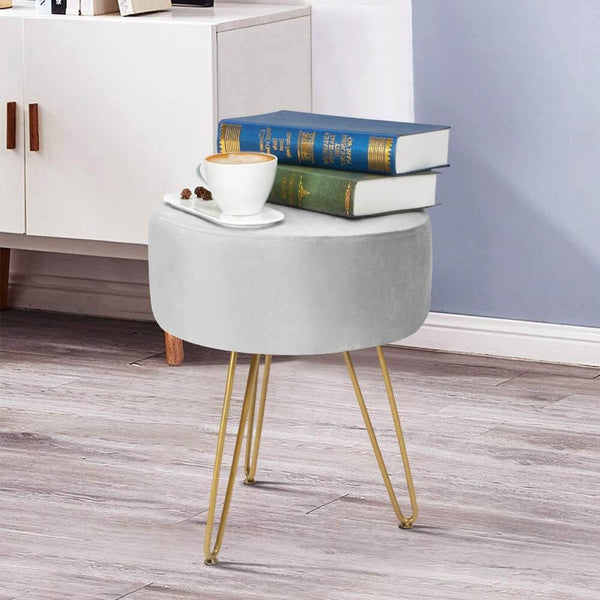 Velvet Footrest Ottoman Round Modern Upholstered Vanity Footstool Side Table Seat Dressing Chair with Golden Metal Leg, Gray