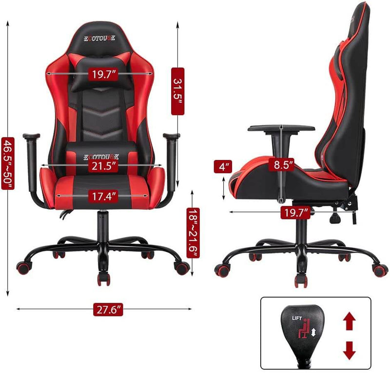 Gaming Chair Massage Ergonomic Office Chair High Back Computer Chair Racing PU Leather Recliner with Headrest & Lumbar Pillow, Black & Red