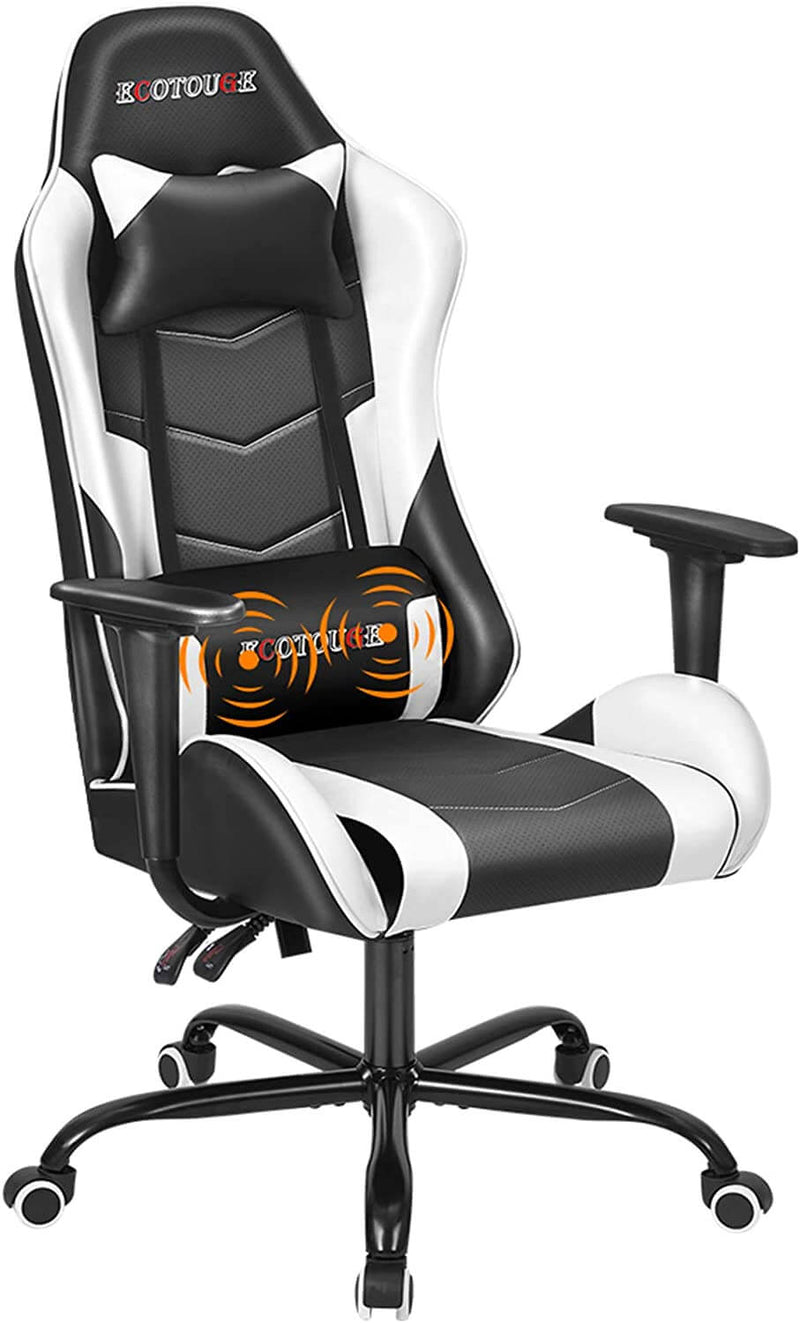 Gaming Chair Massage Ergonomic Office Chair High Back Computer Chair Racing PU Leather Recliner with Headrest & Lumbar Pillow, Black & White