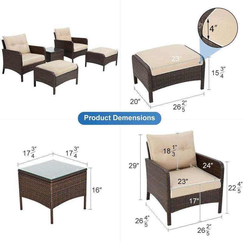 5 Pcs Patio Furniture Set, Brown PE Wicker Rattan Conversation Lounge Set with Ottoman, White & Tan Cushion