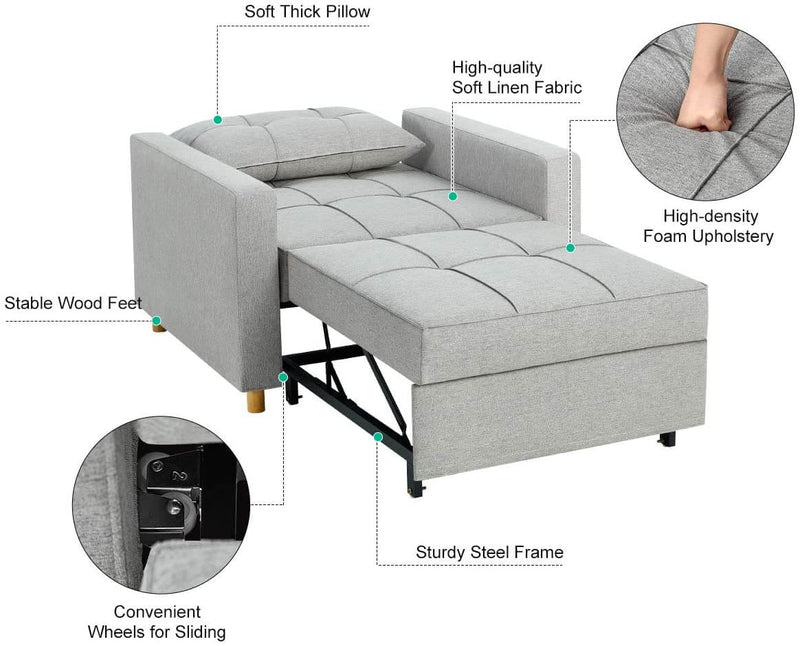 Sofa Bed 3-in-1 Convertible Chair Multi-Functional Adjustable Recliner, Sofa, Bed, Modern Linen Fabric, Light Gray