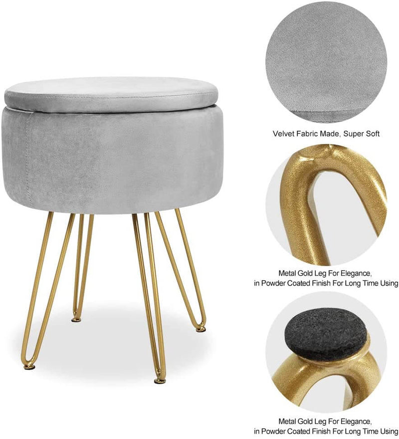 Velvet Footrest Storage Ottoman Round Modern Upholstered Vanity Footstool Side Table Seat Dressing Chair with Golden Metal Leg, Gray