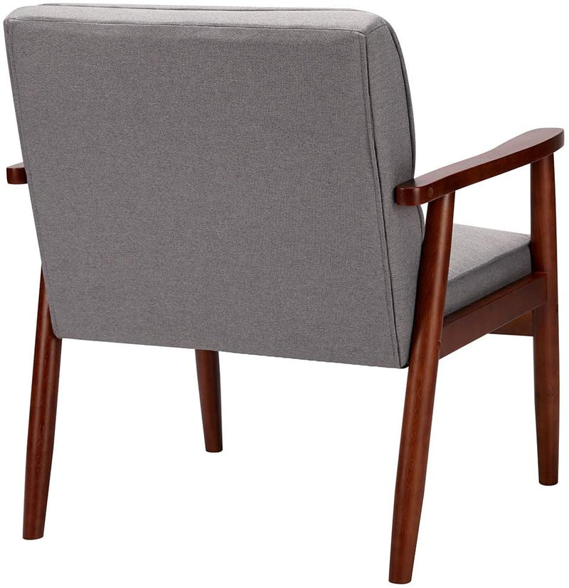 Mid-Century Retro Lounge Accent Chair Faux Leather Tufted Back Wooden Arm Chair Grey Fabric