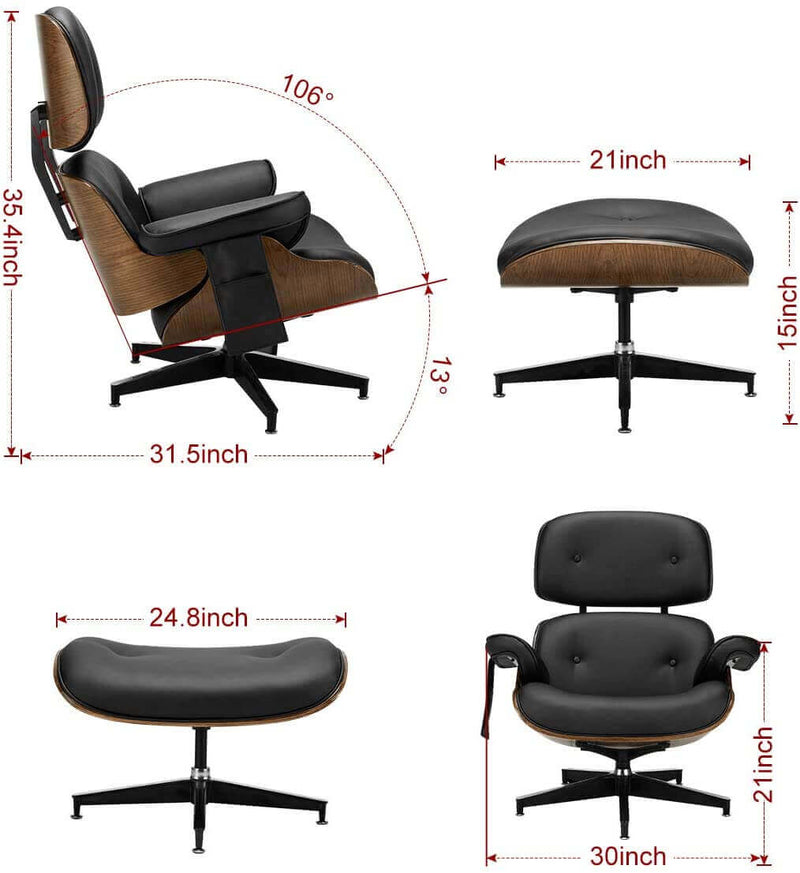 Mid Century Lounge Chair with Ottoman, Classic Lounge Chair Premium Faux Leather with Light Vibration Massage Function and Storage Bag（Black）