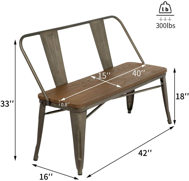 Homhum Metal Bench Industrial Mid-Century 2 Person Chair with Wood Seat, Dining Bench with Floor Protector, Copper