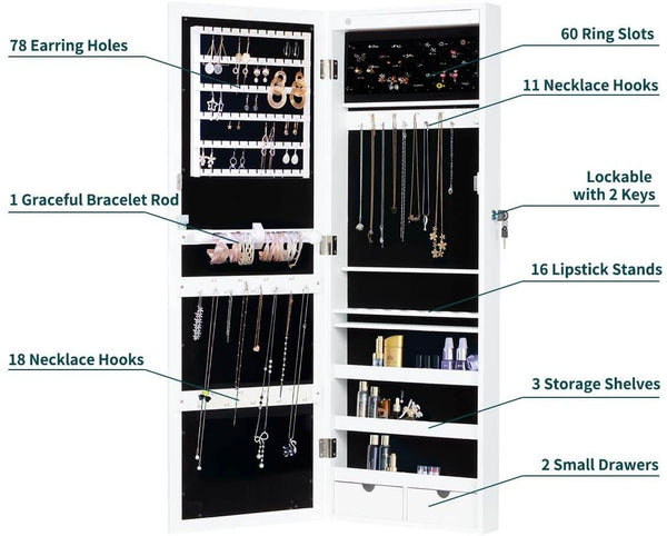 Wall Jewelry Armoire, Jewelry Cabinet with Full Length Mirror, 3 Different Brightness LED Light & Lockable Design, White