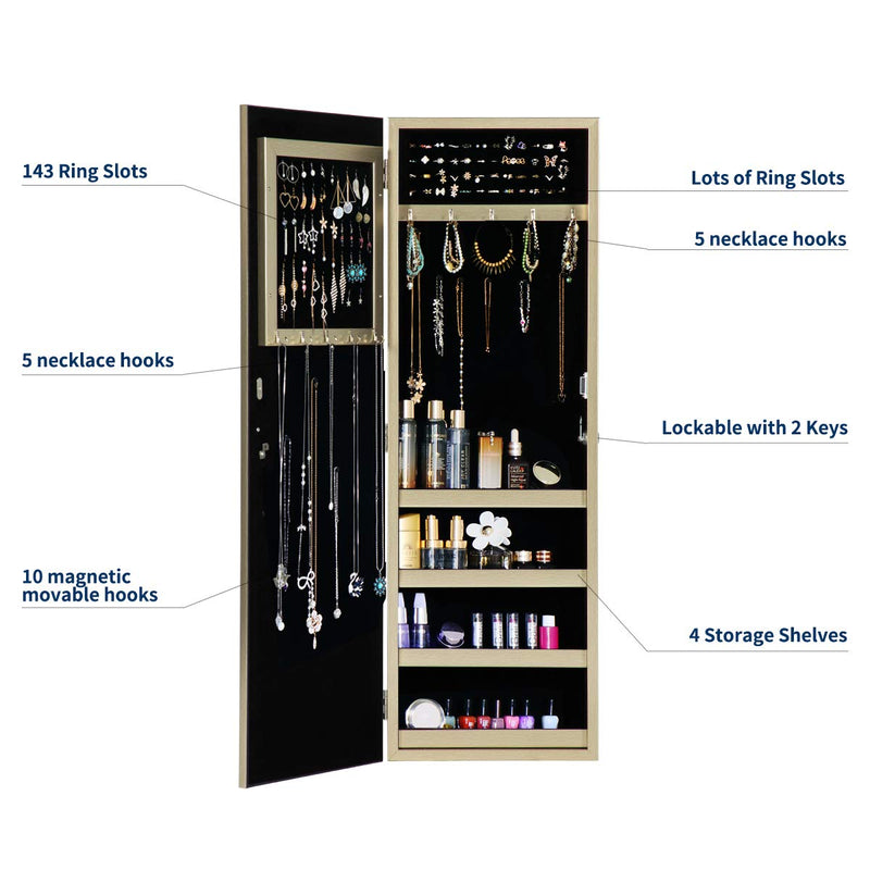 Champagne Gold Coated Jewelry Organizer Jewelry Cabinet with Full Length Mirror