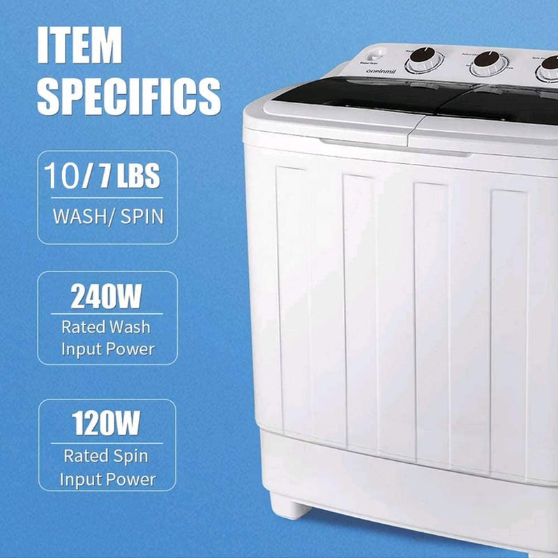 HOMHUM Portable Mini Compact Twin Tub Washing Machine w/Wash and Spin Cycle, 17lbs 2IN1 Washer Spin Dryer, White/Black
