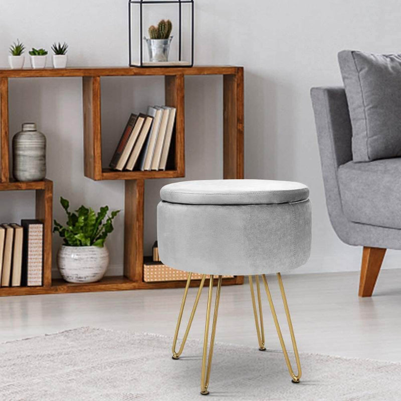 Velvet Footrest Storage Ottoman Round Modern Upholstered Vanity Footstool Side Table Seat Dressing Chair with Golden Metal Leg, Gray