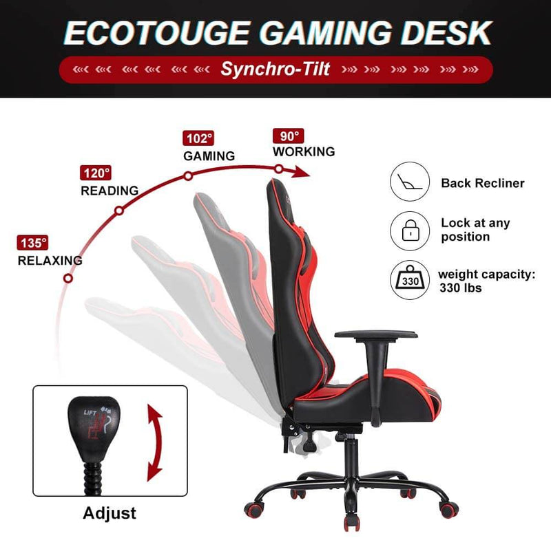 Gaming Chair Massage Ergonomic Office Chair High Back Computer Chair Racing PU Leather Recliner with Headrest & Lumbar Pillow, Black & Red