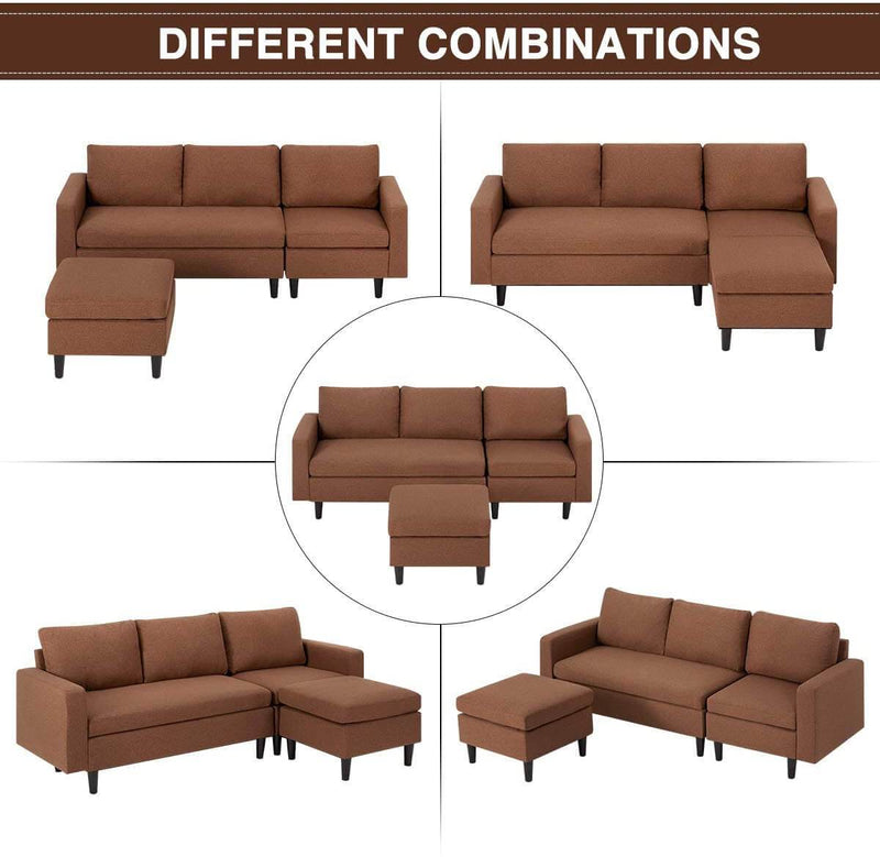 Small Sectional Sofa Couch Small 3 Piece Living Room Convertible Couch Linen Fabric L-Shape Couch with Chaise Lounge for Small Space Apartment, Brown